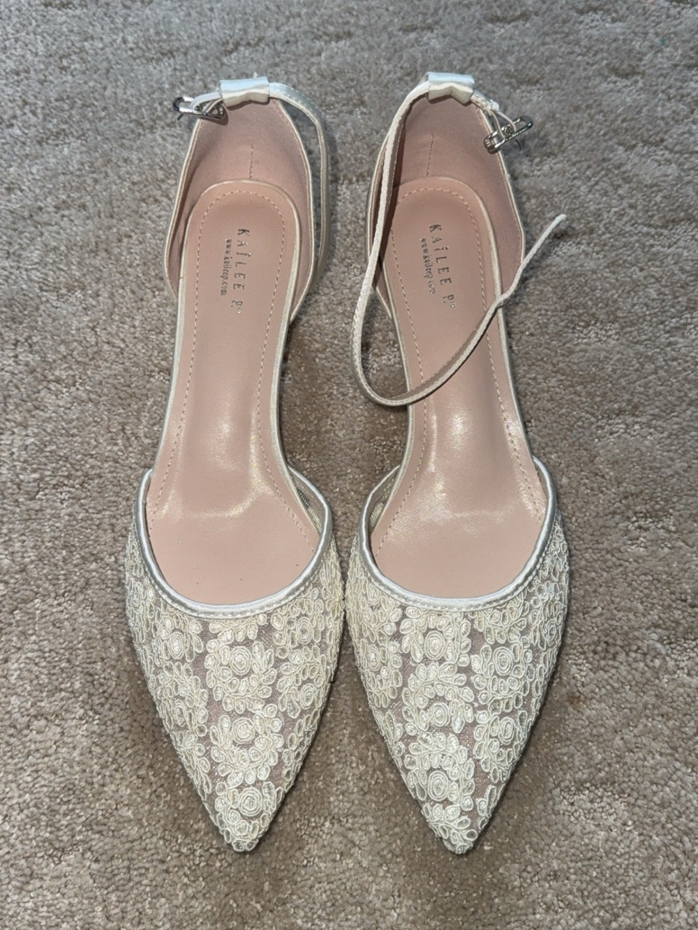 KILEE P. Ivory Lace Pointed-Toe Ankle-Strap Heels